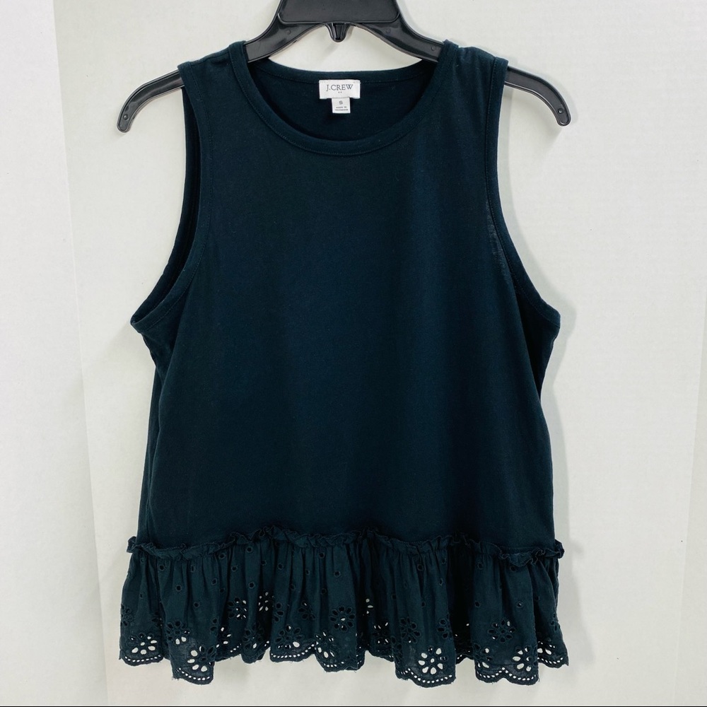 J Crew women's Black sleeveless top/tank size S with black eyelet ruffle bottom